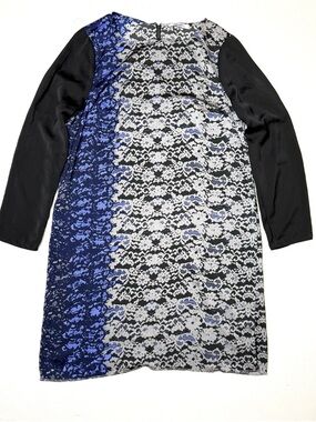 DKNYC Black, White & Blue Lace-Print Shift Long Sleeve Dress Size Large